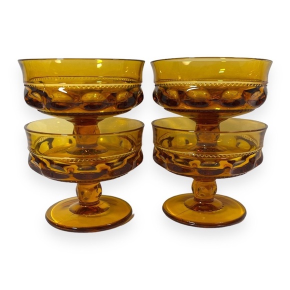 Vintage Kings Crown 4 Piece Footed Sherbet Cup Indiana Glass Amber Thumbprint - Picture 3 of 7